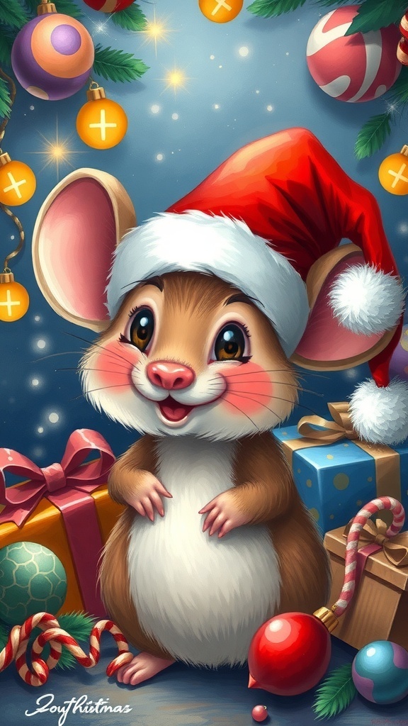 A cheerful mouse in a Santa hat with Christmas decorations in a colorful painting.